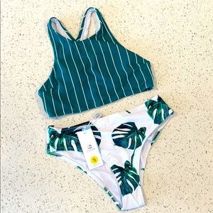Cupshe Teal Stripe and Leaves Print Bikini